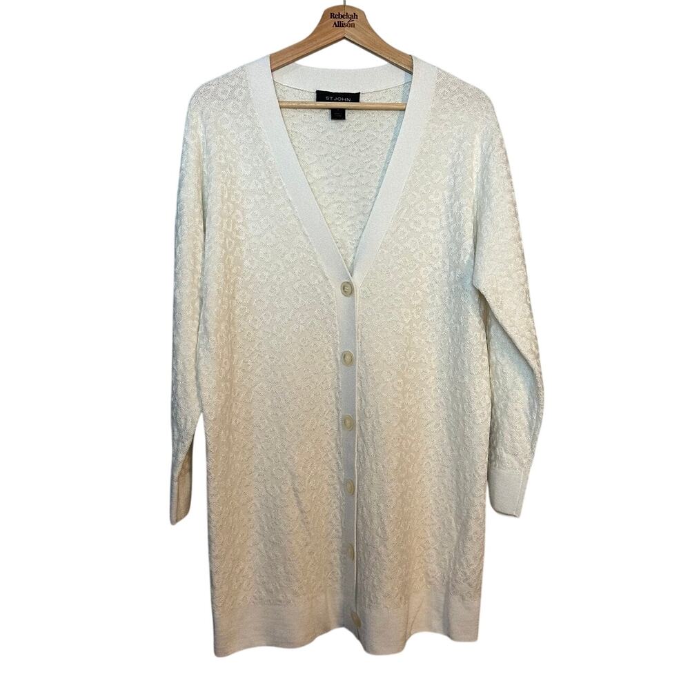 St. John Longline Cardigan Sweater SZ LARGE White Leopard Animal Print Wool